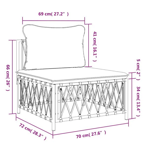 Градински среден диван с възглавници, бял, тъкан плат
