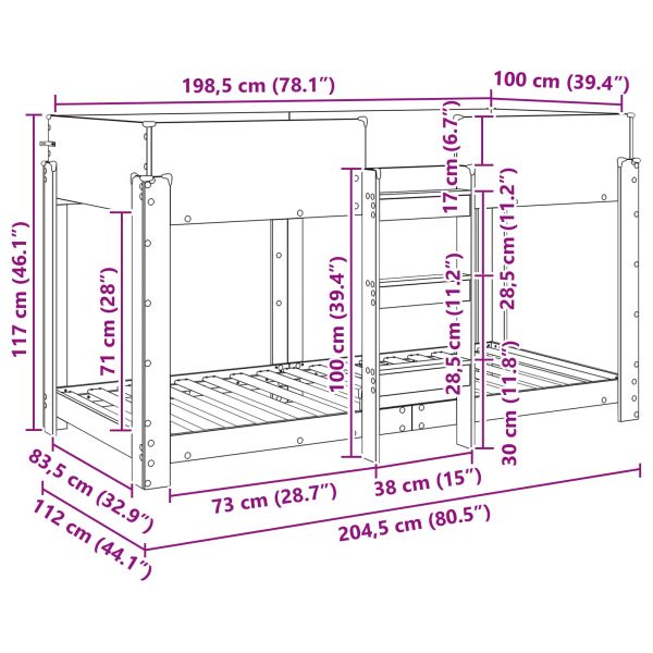 Двуетажно легло за деца Старо дърво 100 x 200 cm