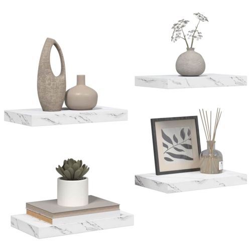 Стенен рафт 4 pcs Бял мрамор 40 x 23,5 x 4 см Инженерно дърво