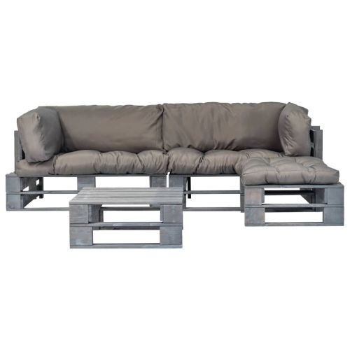 Градински палетен комплект 4 части със сиви възглавници дърво