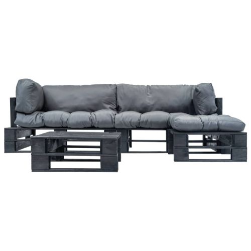 Градински мебели от палети, 4 части, сиви възглавници, дърво