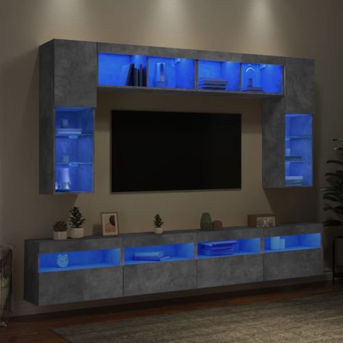 ТВ стенни шкафове, 8 части, с LED светлини, бетонно сиви