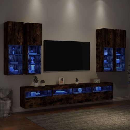 Комплект ТВ стенни шкафове, 7 части, с LED светлини, опушен дъб