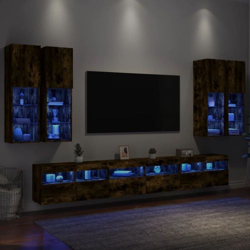 Комплект ТВ стенни шкафове, 7 части, с LED светлини, опушен дъб