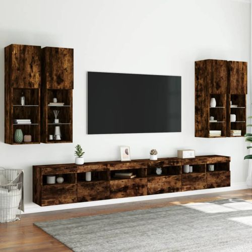 Комплект ТВ стенни шкафове, 7 части, с LED светлини, опушен дъб