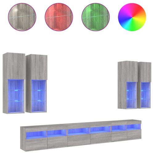 Комплект ТВ стенни шкафове, 7 части, с LED светлини, сив сонома