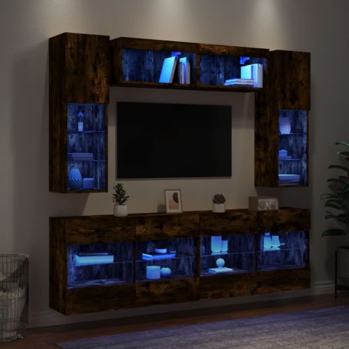 Комплект ТВ стенни шкафове, 6 части, с LED светлини, опушен дъб