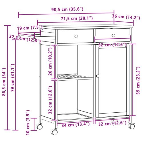 Кухненска количка с колела Естествен 90,5 x 36 x 86,5 см Бамбук