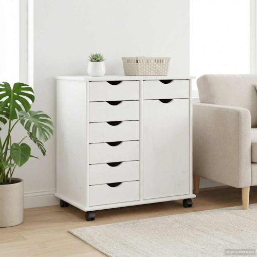 Плъзгащ кабинет с колело Бяло 63,5 x 39 x 65,5 см Солиден бор