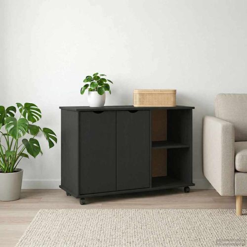 Плъзгащ кабинет с колело Черно 100 x 39 x 65,5 см Солиден бор