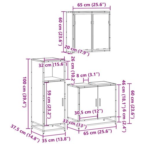 Комплект мебели за баня от 3 части, опушен дъб, инженерно дърво