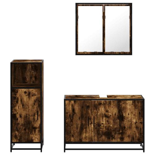 Комплект мебели за баня от 3 части, опушен дъб, инженерно дърво