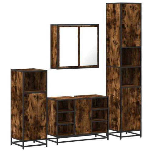 Комплект мебели за баня от 4 части, опушен дъб, инженерно дърво