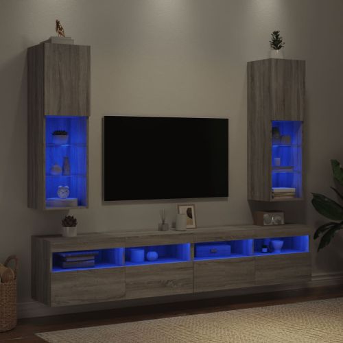 ТВ шкафове с LED осветление, 2 бр, сив сонома, 30,5x30x102 см