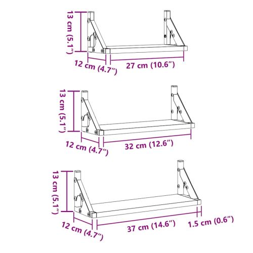 Стенен рафт Монтиране на стена със съхранение 3 pcs Димящ дъб