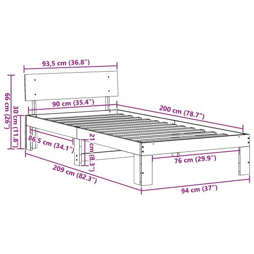 Рамка за легло с таблото Бяло 90 x 200 cm Солидно борово дърво