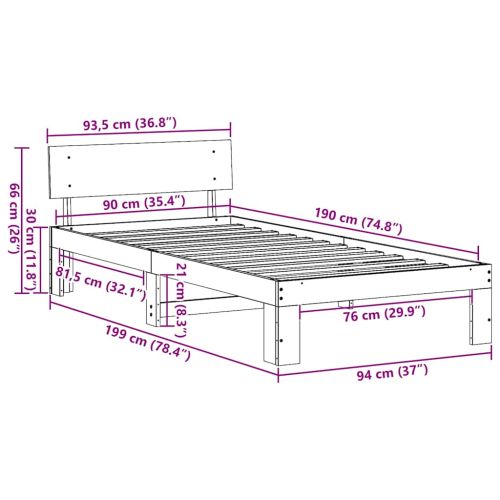 Рамка за легло с таблото Бяло 90 x 190 cm Солидно борово дърво
