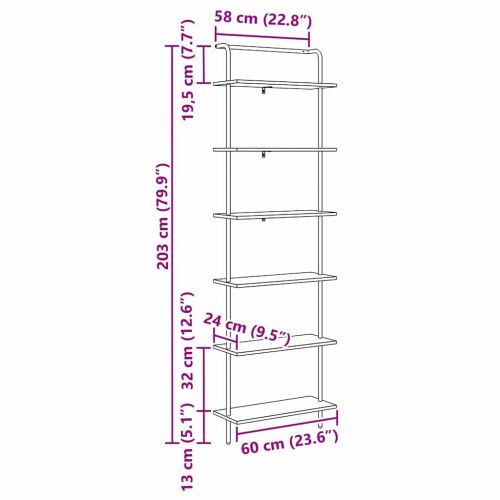 Рафт за книги 6 нива 60 x 24 x 203 см Инженерна дървесина