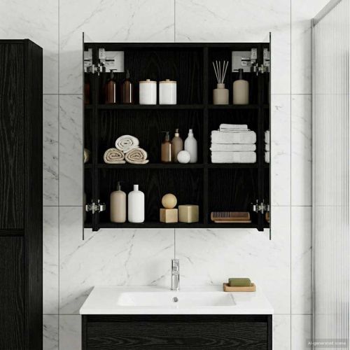 Шкаф с огледало за баня с рафт Черния дъб 60 x 14,5 x 70 см