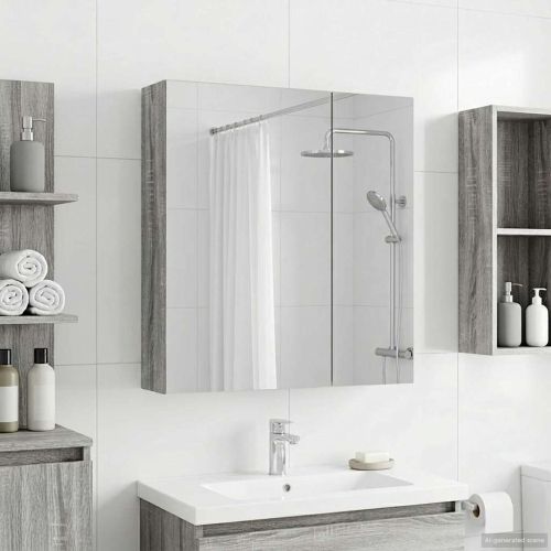Шкаф с огледало за баня с рафт Сив Сонома 60 x 14,5 x 70 см