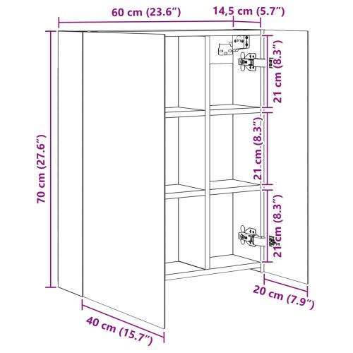 Шкаф с огледало за баня с рафт Сив Сонома 60 x 14,5 x 70 см