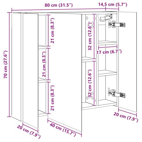 Шкаф с огледало за баня с рафт Черния дъб 80 x 14.5 x 70 см
