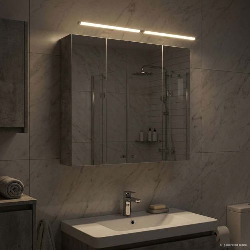 Шкаф с огледало за баня с рафт Циментено сиво 80 x 14.5 x 70 см