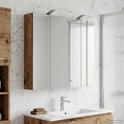 Шкаф с огледало за баня с рафт Старо дърво 80 x 14.5 x 70 см