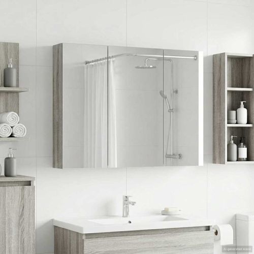 Шкаф с огледало за баня с рафт Сив Сонома 100 x 14,5 x 70 см