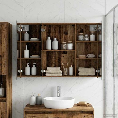 Шкаф с огледало за баня с рафт Старо дърво 100 x 14,5 x 70 см