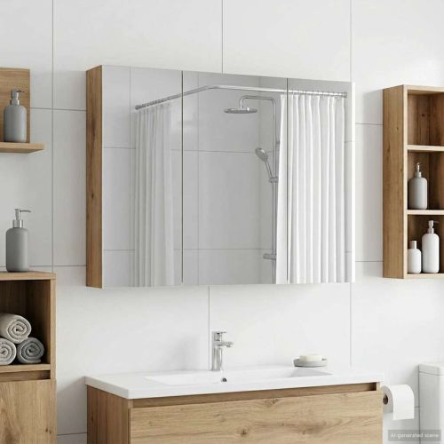 Шкаф с огледало за баня с рафт Дъб Артизан 100 x 14,5 x 70 см