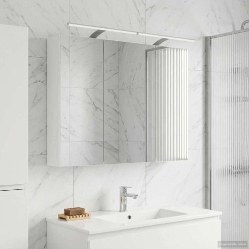 Шкаф с огледало за баня Бяло 100 x 14,5 x 70 см Инженерно дърво