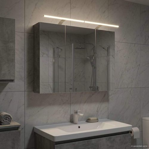 Шкаф с огледало за баня Циментено сиво 100 x 14,5 x 70 см