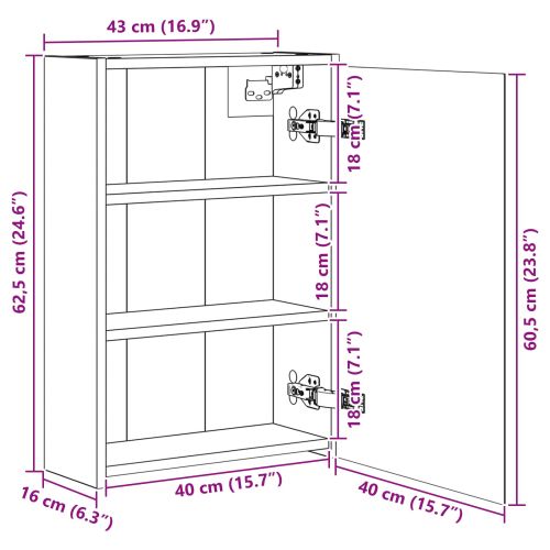 Шкаф с огледало за баня с рафт Сив Сонома 43 x 16 x 62.5 см