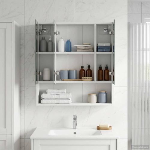 Шкаф с огледало за баня Бяло 60 x 14.5 x 70 см Инженерно дърво