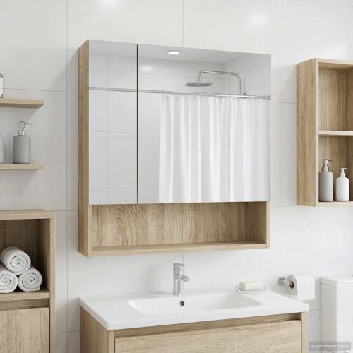 Шкаф с огледало за баня с рафт Сонома дъб 60 x 14.5 x 70 см