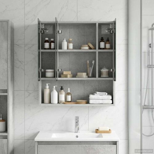 Шкаф с огледало за баня с рафт Циментено сиво 60 x 14.5 x 70 см