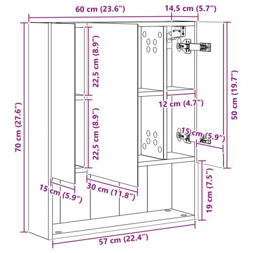 Шкаф с огледало за баня с рафт Димян дъб 60 x 14.5 x 70 см