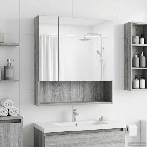 Шкаф с огледало за баня с рафт Сив Сонома 60 x 14.5 x 70 см