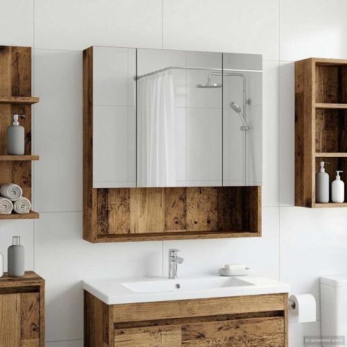 Шкаф с огледало за баня с рафт Старо дърво 60 x 14.5 x 70 см