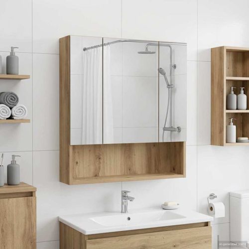 Шкаф с огледало за баня с рафт Дъб Артизан 60 x 14.5 x 70 см