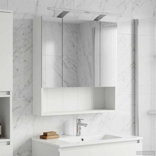 Шкаф с огледало за баня Бяло 60 x 14.5 x 70 см Инженерно дърво