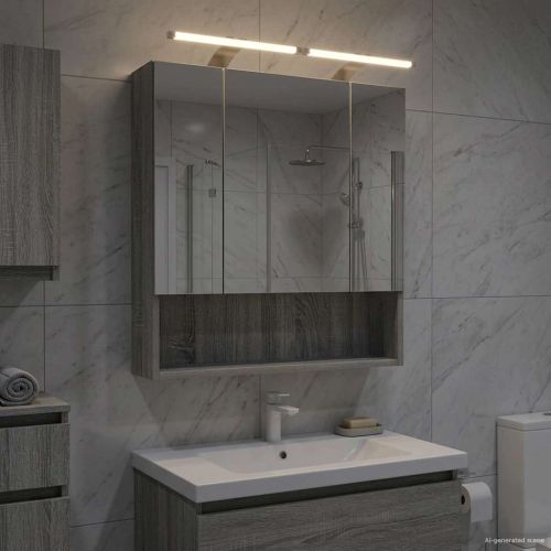 Шкаф с огледало за баня с рафт Сив Сонома 60 x 14.5 x 70 см