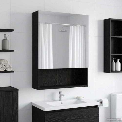 Шкаф с огледало за баня с рафт Черния дъб 50 x 14,5 x 70 см