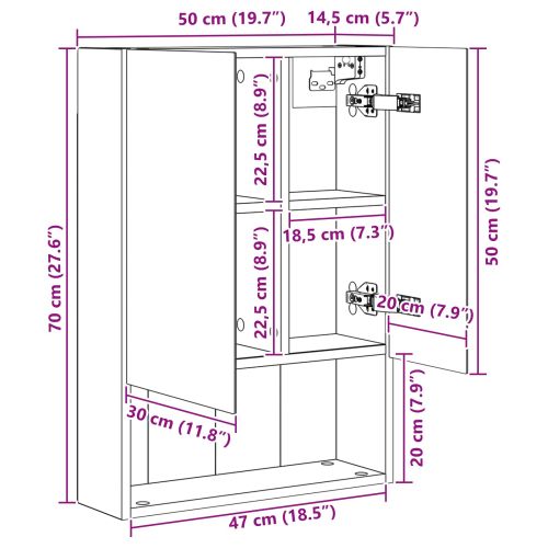 Шкаф с огледало за баня с рафт Дъб Артизан 50 x 14,5 x 70 см