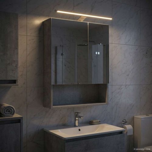 Шкаф с огледало за баня с рафт Циментено сиво 50 x 14,5 x 70 см