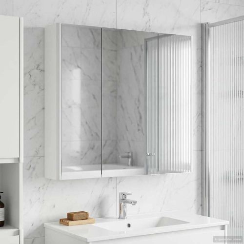 Шкаф с огледало за баня с рафт с врата Бяло 73.5 x 15.5 x 70 см