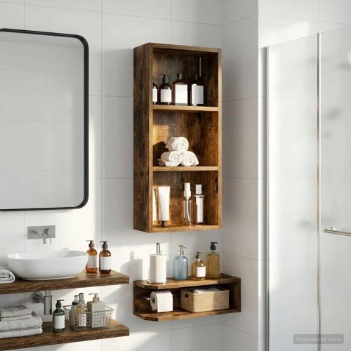 Банен стенен шкаф с рафт Пушена Дъб 30 x 14 x 70 см