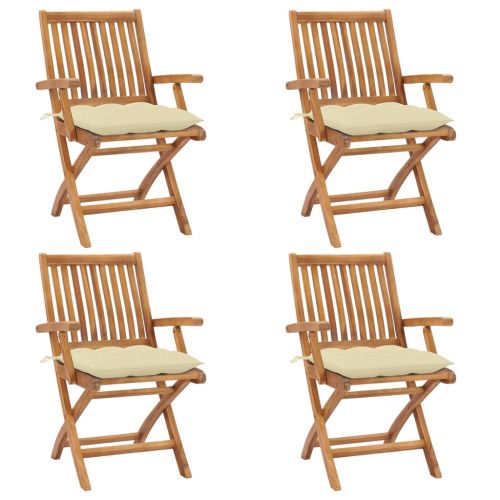 Сгъваеми градински столове с възглавници, 4 бр, тик масив