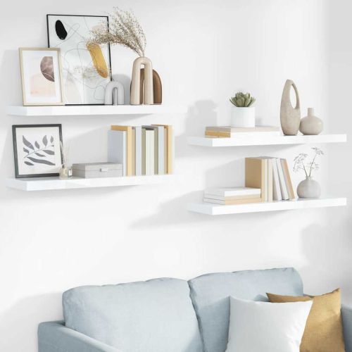 Окачени стенни рафтове, 4 бр, бял гланц, 80x23,5x3,8 см, МДФ